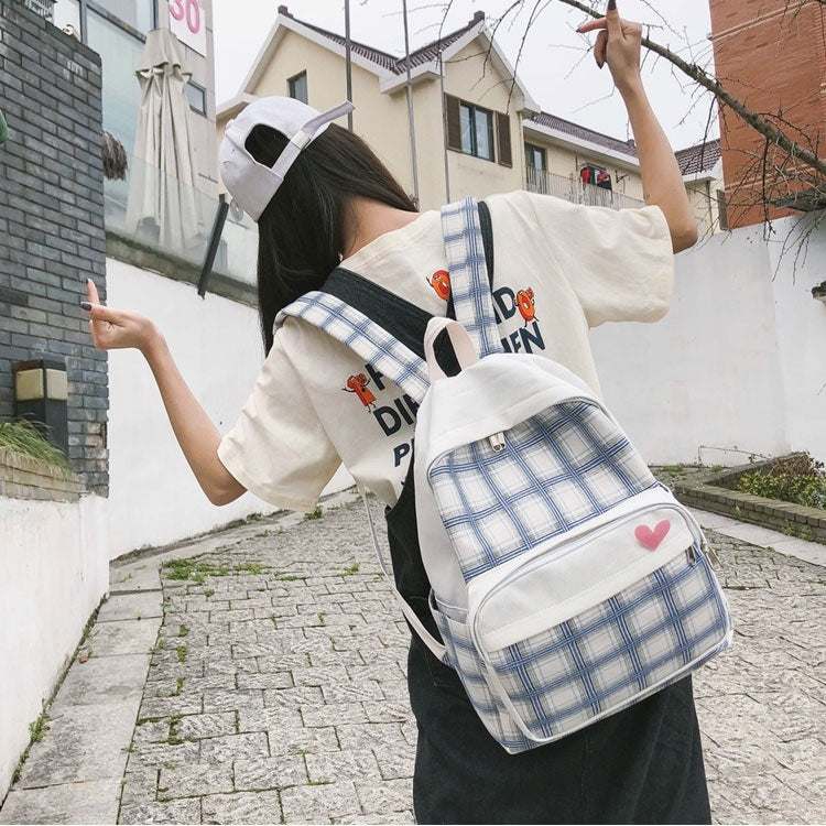 Large-capacity Heart Lattice Pattern Casual Double Shoulders Bag Casual Backpack Couple School Bag