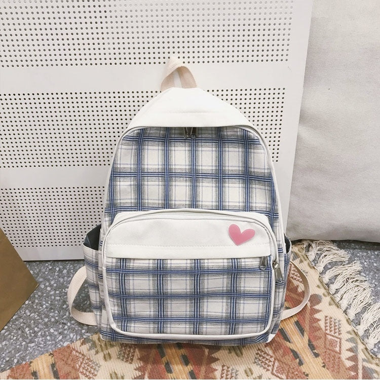 Large-capacity Heart Lattice Pattern Casual Double Shoulders Bag Casual Backpack Couple School Bag