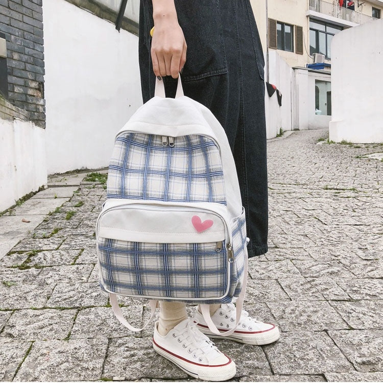 Large-capacity Heart Lattice Pattern Casual Double Shoulders Bag Casual Backpack Couple School Bag