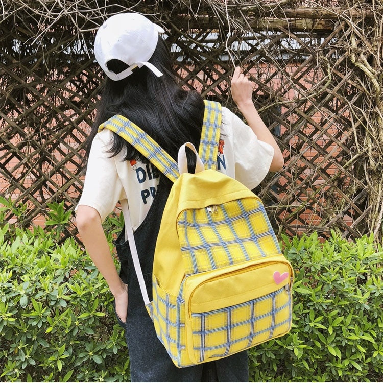 Large-capacity Heart Lattice Pattern Casual Double Shoulders Bag Casual Backpack Couple School Bag