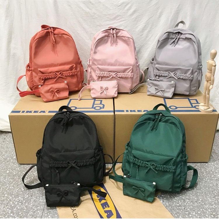 2 in 1 Solid Color Bow Large Capacity Casual Double Shoulders Bag Backpack School Bag