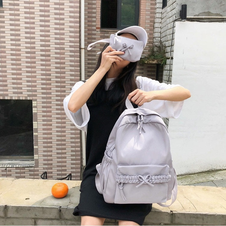 2 in 1 Solid Color Bow Large Capacity Casual Double Shoulders Bag Backpack School Bag