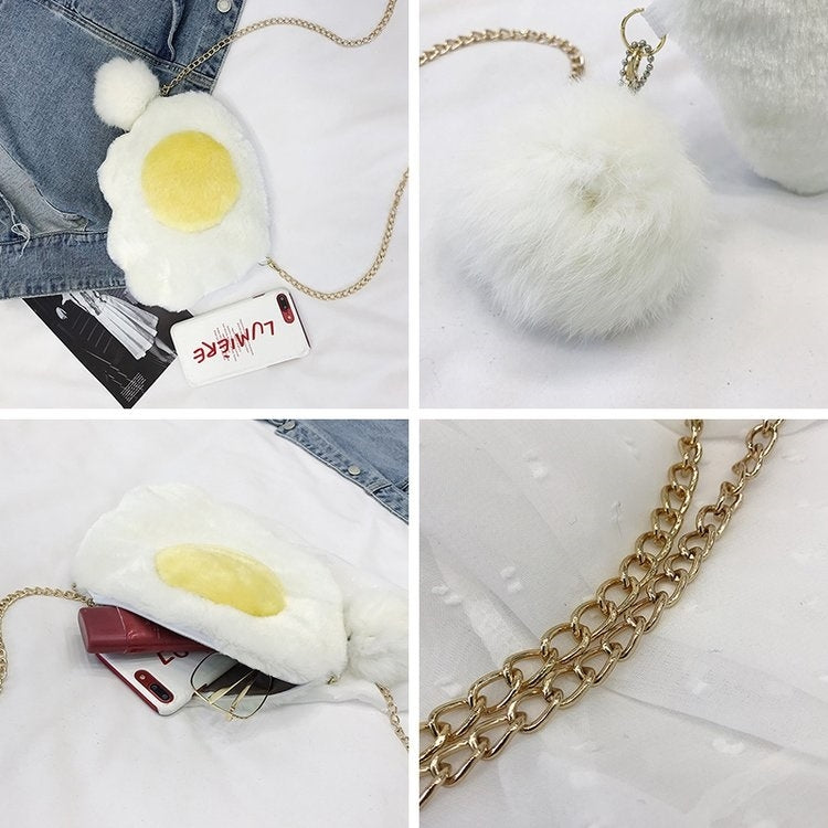 Omelette Shape Fashion Plush Chain Single Shoulder Bag Ladies Handbag with Plush Pendant (White)