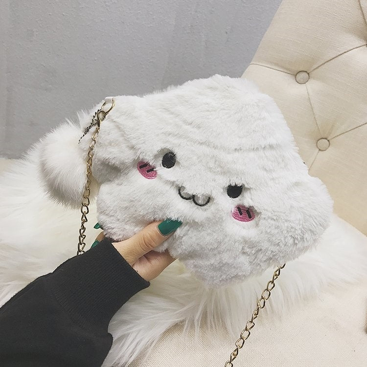 Cute Cloud-shaped Smile Face Fashion Plush Chain Single Shoulder Bag Ladies Handbag with Plush Pendant