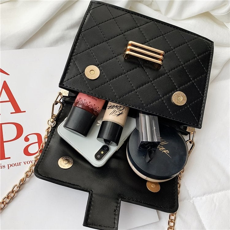 Rhombus Texture Double Magnetic Buckles Pearl PU Leather Chain Single Shoulder Bag Ladies Handbag Messenger Bag