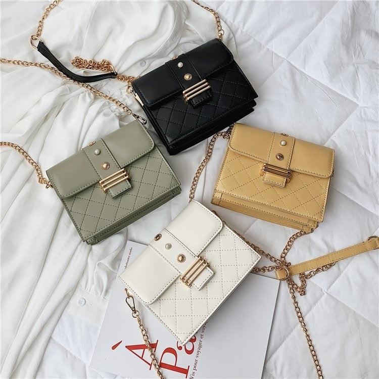 Rhombus Texture Double Magnetic Buckles Pearl PU Leather Chain Single Shoulder Bag Ladies Handbag Messenger Bag