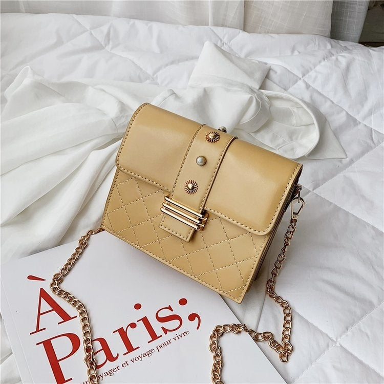 Rhombus Texture Double Magnetic Buckles Pearl PU Leather Chain Single Shoulder Bag Ladies Handbag Messenger Bag