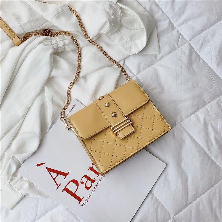 Rhombus Texture Double Magnetic Buckles Pearl PU Leather Chain Single Shoulder Bag Ladies Handbag Messenger Bag