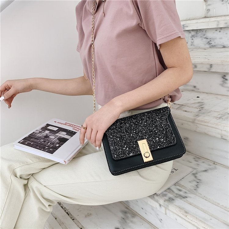 Lock Buckle Glitter PU Leather Single Shoulder Bag Ladies Handbag Messenger Bag