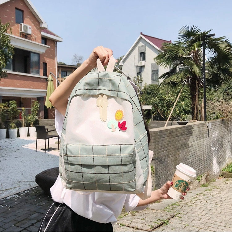 Large-capacity Fresh Tree and Sun Lattice Pattern Color Matching Casual Double Shoulders Bag Double Zipper Backpack Bag