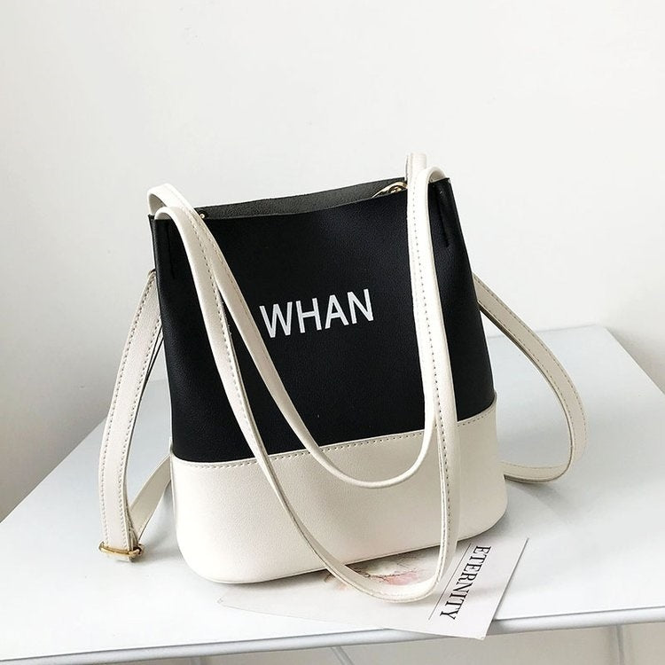 2 in 1 Bucket Bag Color Matching PU Leather Single Shoulder Bag Ladies Handbag Messenger Bag (Black)