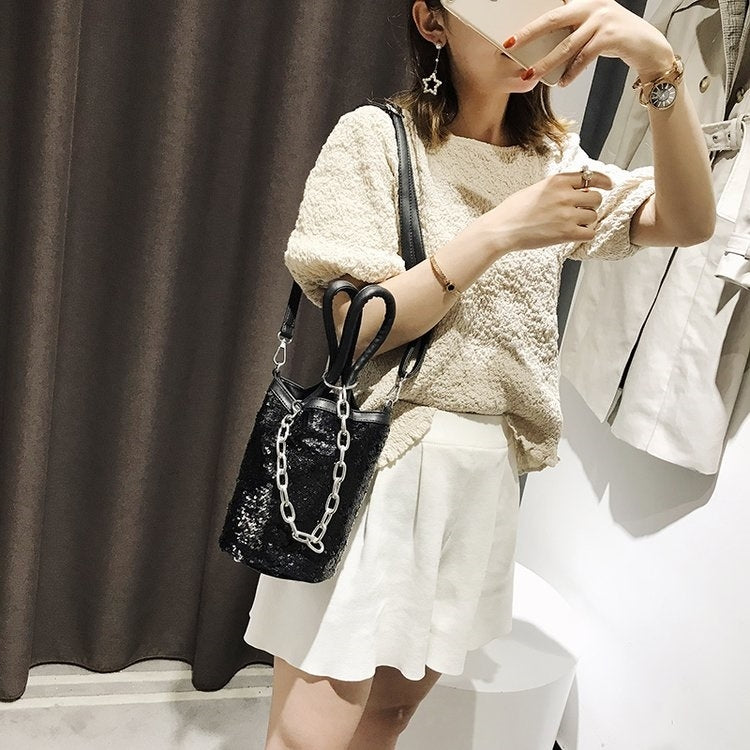 Sequin Bucket Bag PU Leather Single Shoulder Bag Ladies Handbag Messenger Bag