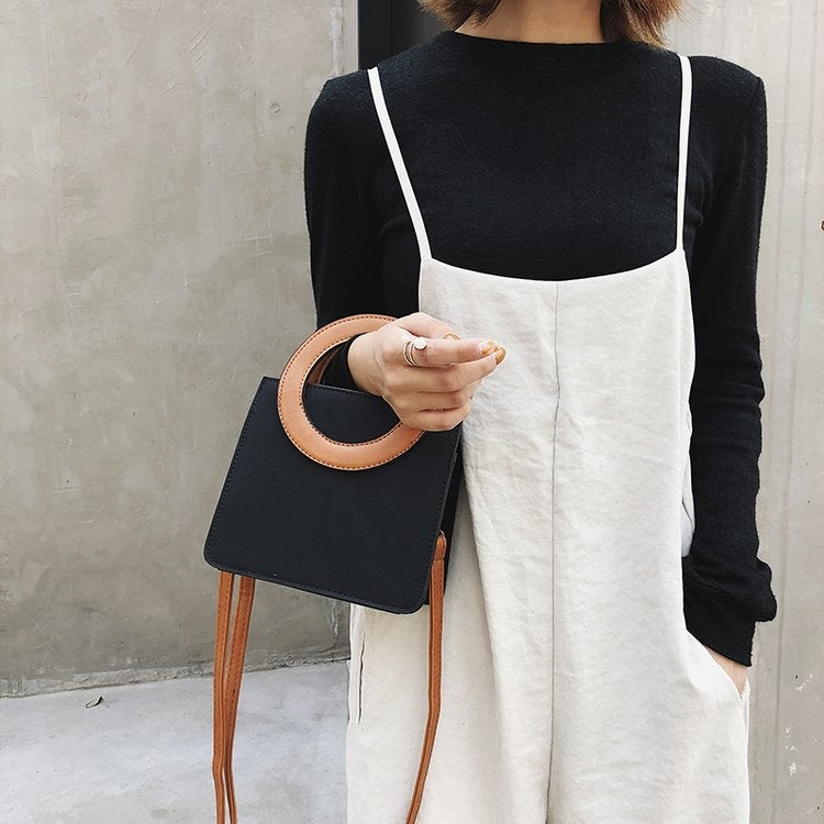Round Ring Handle Color Matching Matte PU Leather Single Shoulder Bag Ladies Handbag Messenger Bag
