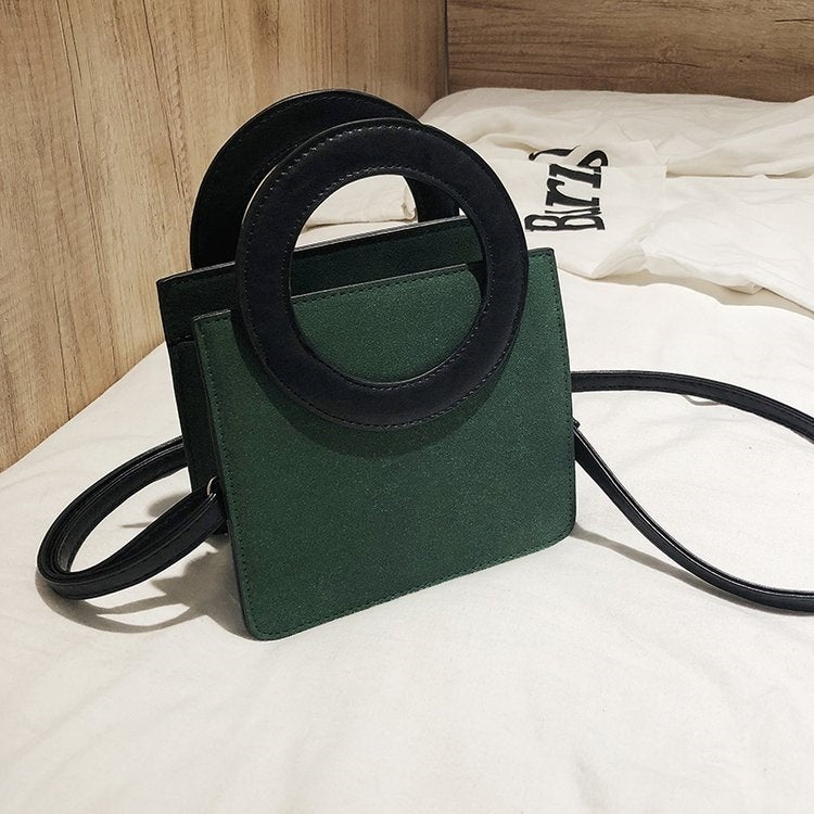 Round Ring Handle Color Matching Matte PU Leather Single Shoulder Bag Ladies Handbag Messenger Bag
