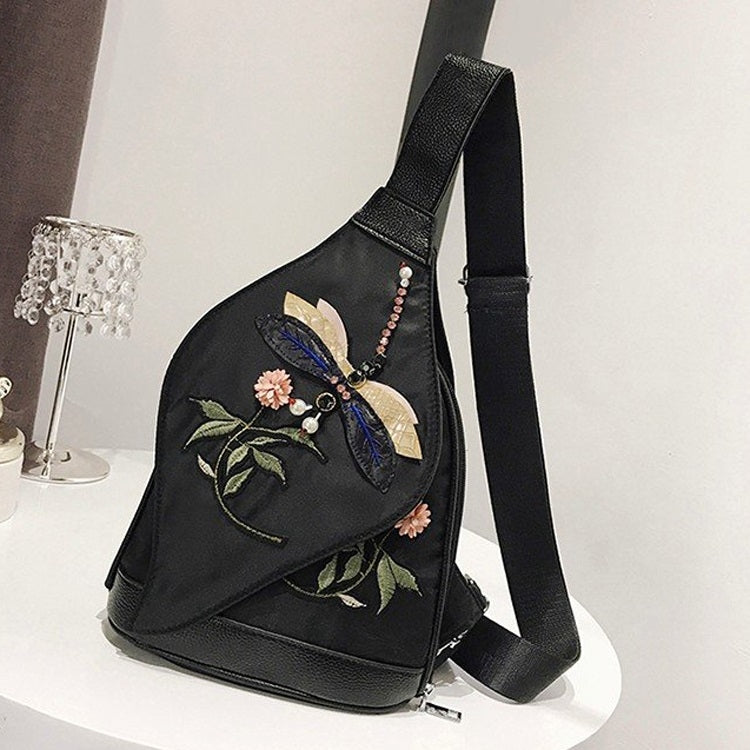 Dragonfly Embroidered Chest Bag Single Shoulder Bag Ladies Handbag Messenger Bag (Black)