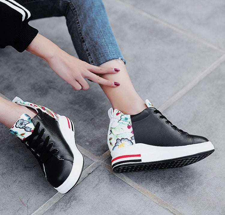 Thick Bottom Increased Versatile Printed Microfiber Leather Wild Casual Shoes for Women