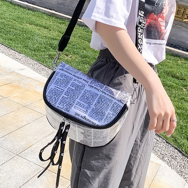 Fashion Newspaper Printing Plastic Transparent Jelly Waist Chest Bag Dual-zipper Single Shoulder Bag Messenger Bag