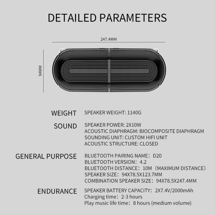 OVEVO D20 TWS Waterproof Magnetic Bluetooth Split Type Stereo Sound Quality Outdoor Portable Speaker