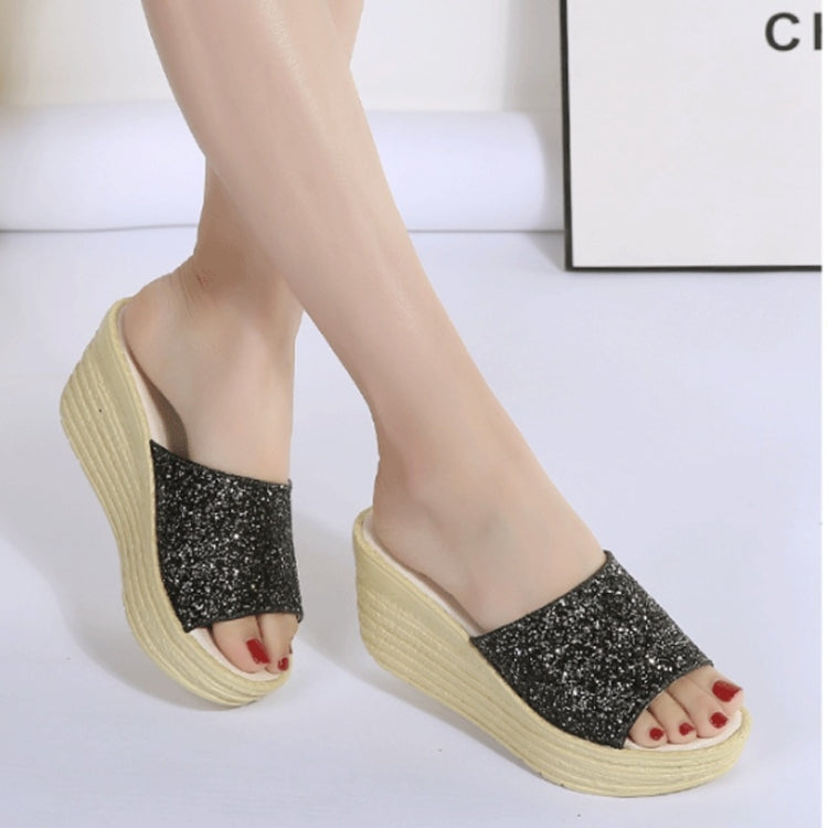 Sequined Wedge Thick Bottom Stylish Versatile Non-slip Wearable Slippers for Women