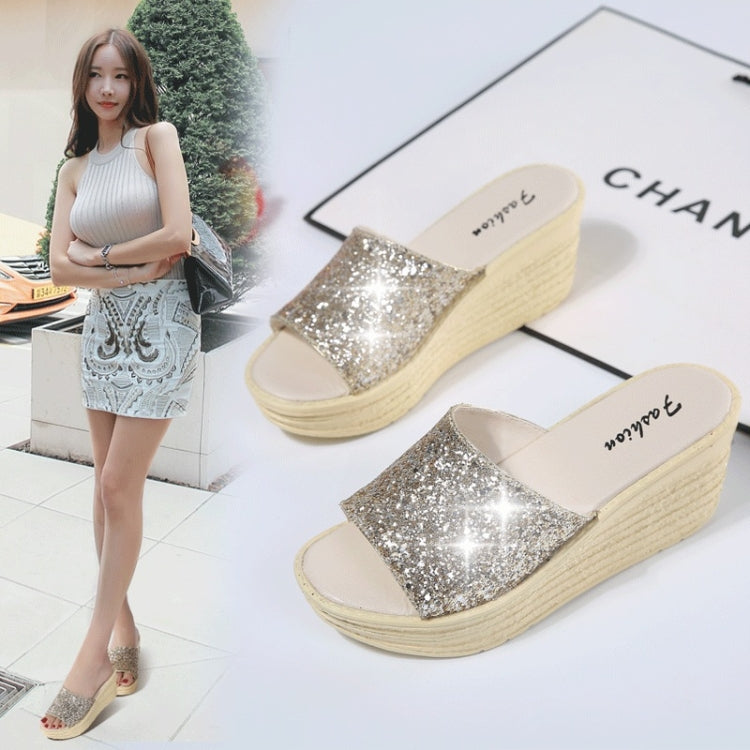 Sequined Wedge Thick Bottom Stylish Versatile Non-slip Wearable Slippers for Women