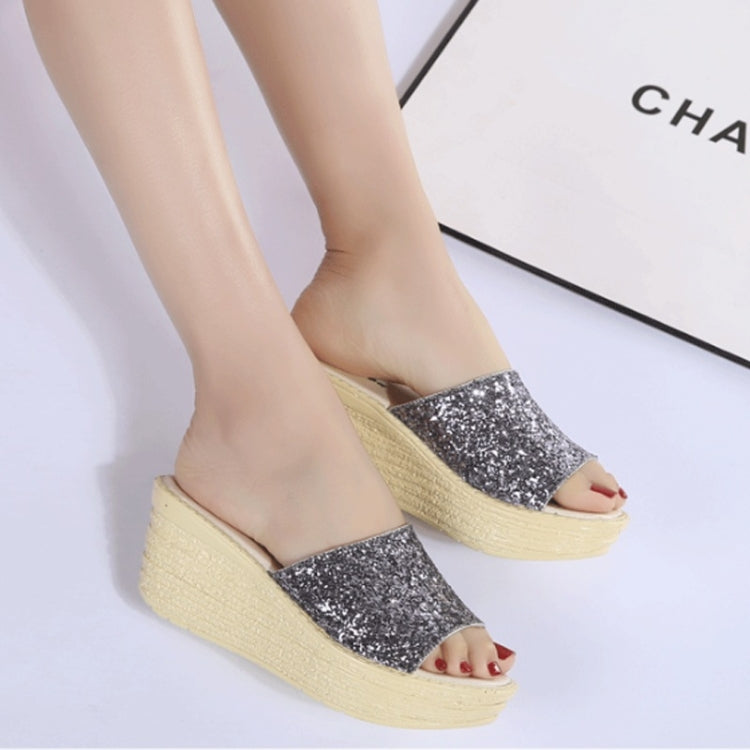 Sequined Wedge Thick Bottom Stylish Versatile Non-slip Wearable Slippers for Women