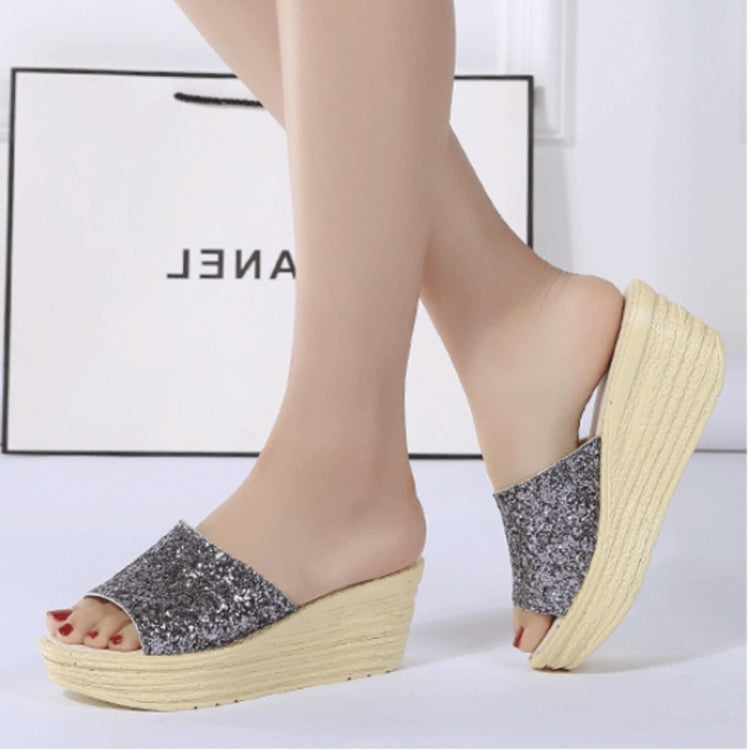 Sequined Wedge Thick Bottom Stylish Versatile Non-slip Wearable Slippers for Women