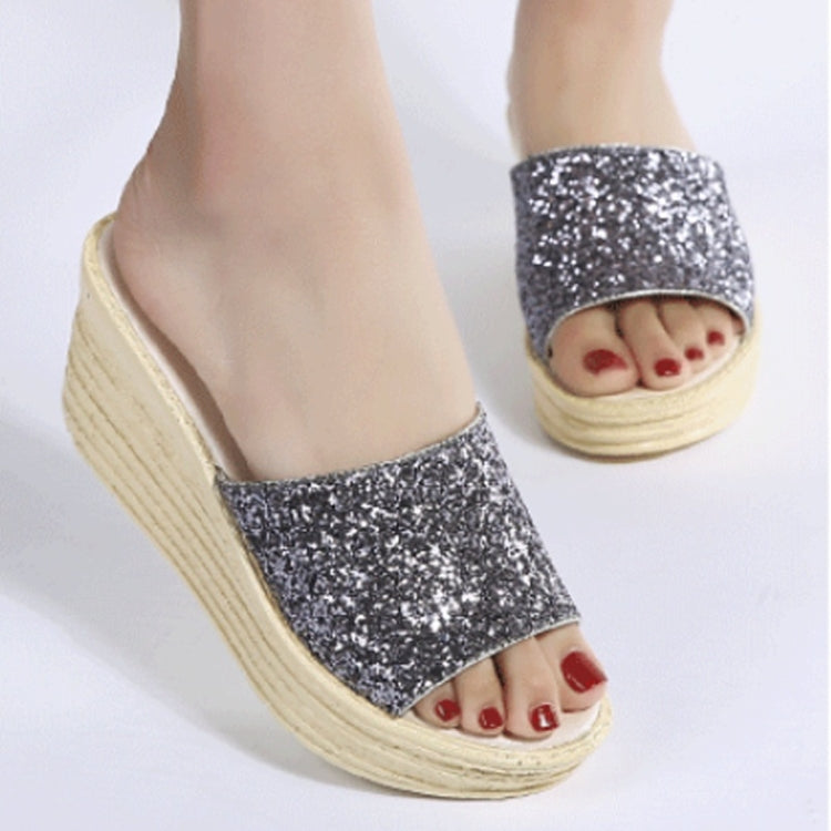 Sequined Wedge Thick Bottom Stylish Versatile Non-slip Wearable Slippers for Women