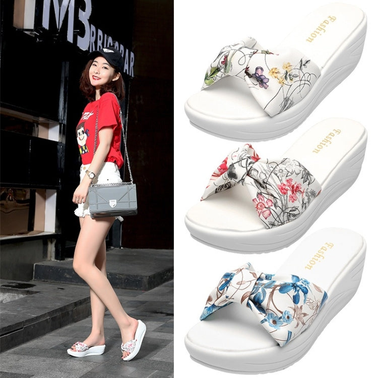 Bowknot Print Thick Bottom Increased Wedge Slippers Sandals for Women