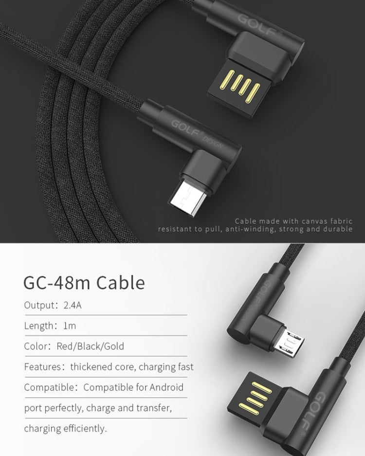 GOLF GC-48m 1m PUDDING 90 Degree Elbow Micro USB to USB 2.4A Fast Charging USB Data Cable for Galaxy, Huawei, Xiaomi, HTC, Sony and Other Smartphones