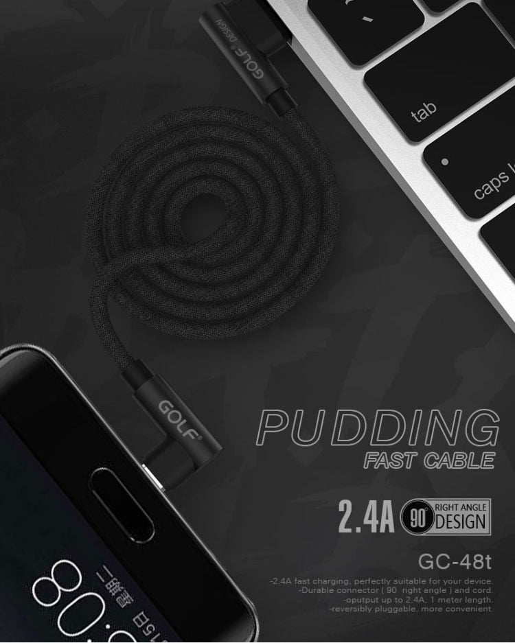 GOLF GC-48t 1m PUDDING 90 Degree Elbow USB-C / Type-C to USB 2.4A Fast Charging USB Data Cable for Galaxy S8 & S8+ / LG G6 / Huawei P10 & P10 Plus / Xiaomi Mi 6 & Max 2 and other Smartphones (Red)