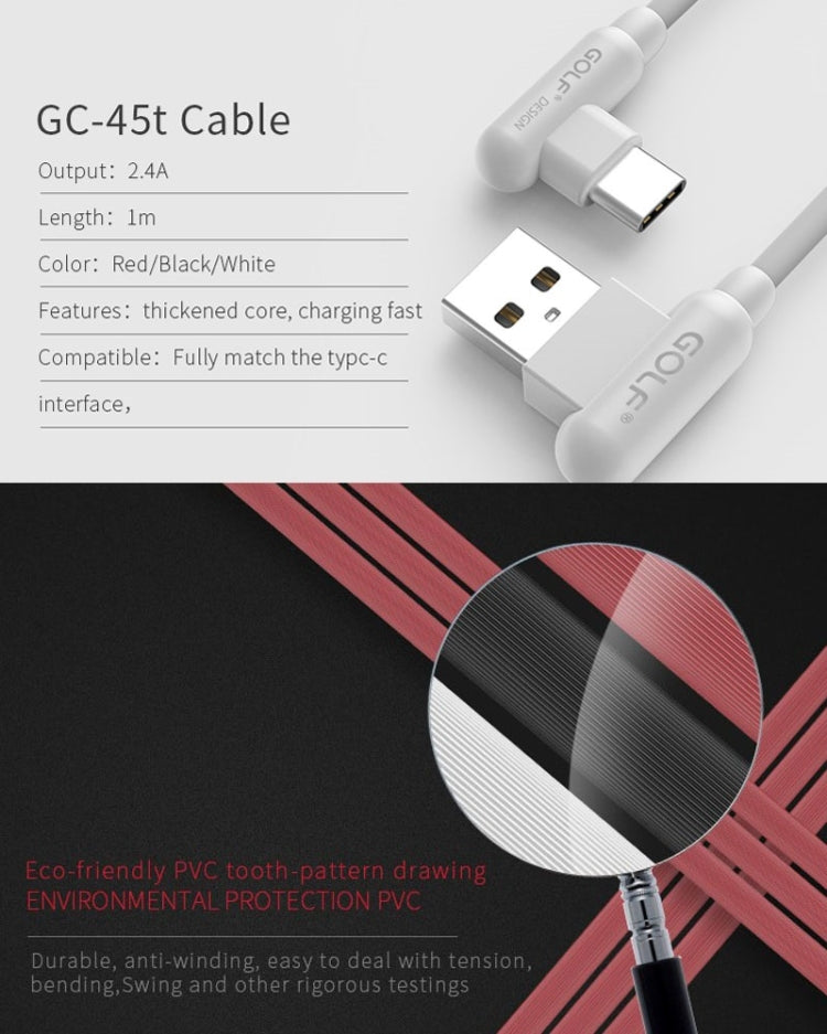 GOLF GC-45t 1m 90 Degree Elbow USB-C / Type-C to USB 2.4A Fast Charging USB Data Cable for Galaxy S8 & S8+ / LG G6 / Huawei P10 & P10 Plus / Xiaomi Mi 6 & Max 2 and other Smartphones (Black)