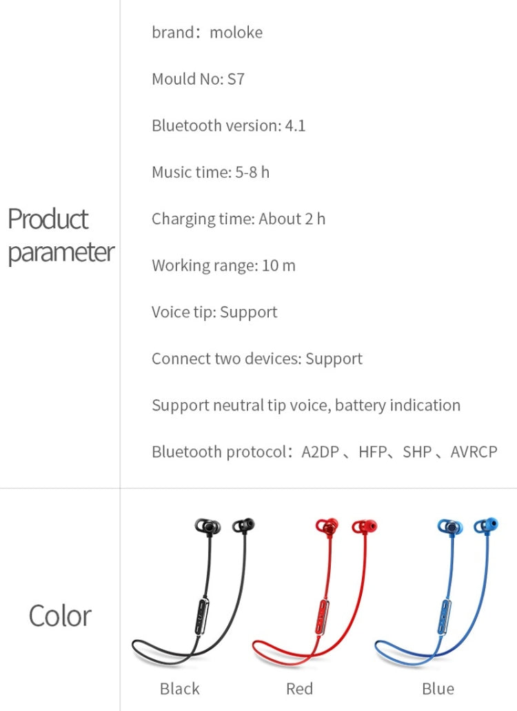 Moloke S7 Hanging Neck Magnetic In-ear Sports Bluetooth Earphone Waterproof Anti-sweat Stereo Sound Headset (Red)