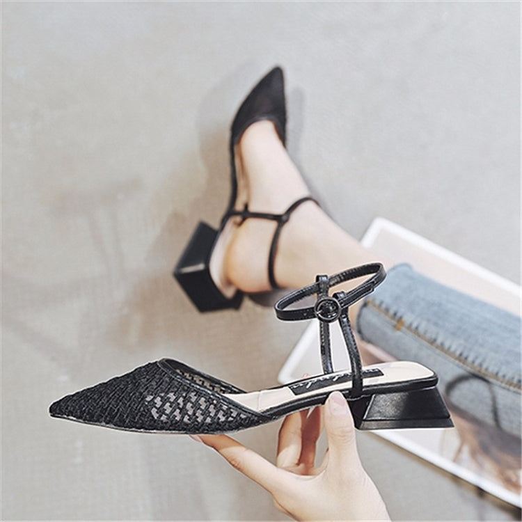 Fashion Thick Low Heel Woven Mesh Pointed Head Breathable Sandals for Women