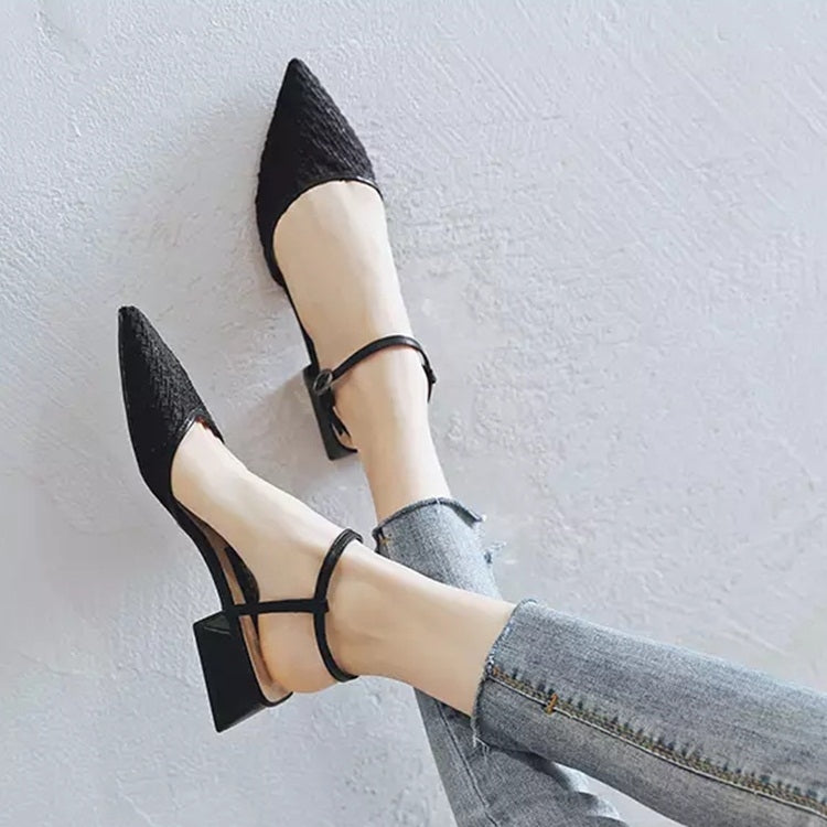 Fashion Thick Low Heel Woven Mesh Pointed Head Breathable Sandals for Women