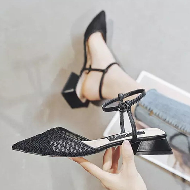 Fashion Thick Low Heel Woven Mesh Pointed Head Breathable Sandals for Women