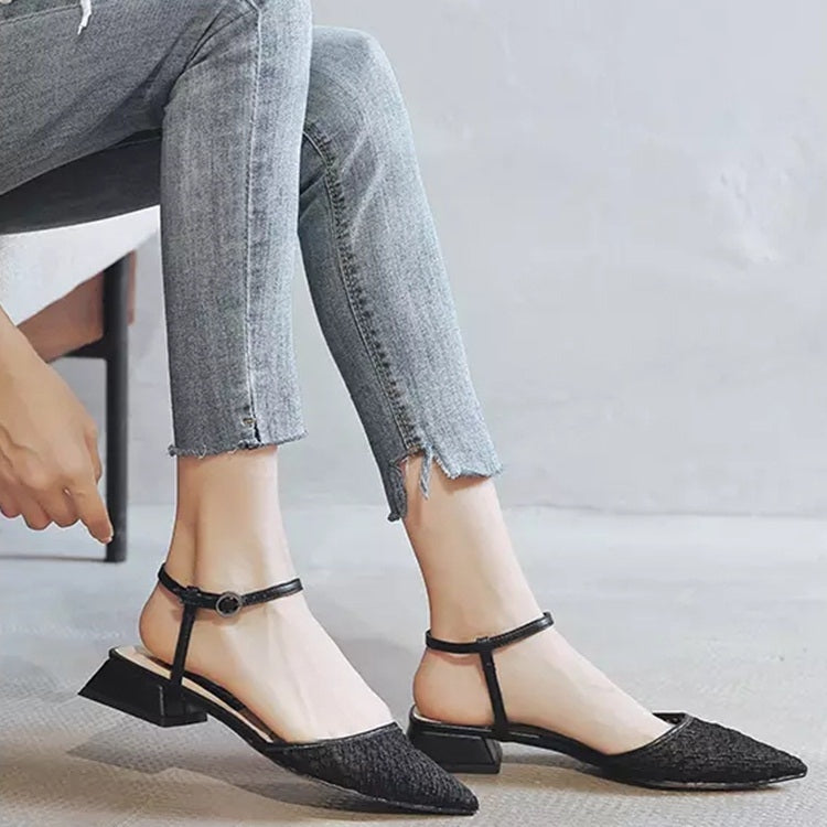 Fashion Thick Low Heel Woven Mesh Pointed Head Breathable Sandals for Women