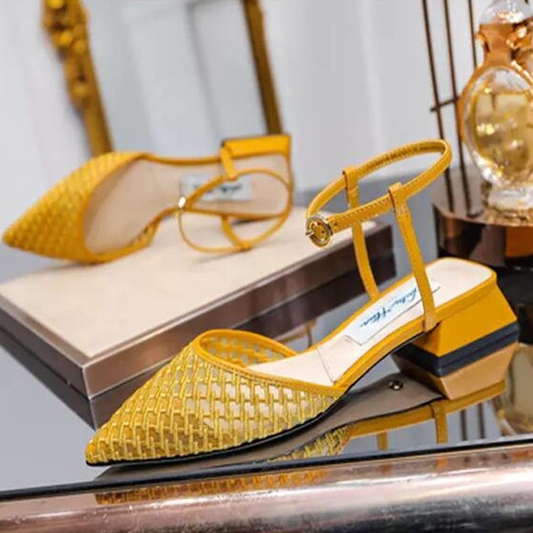 Fashion Thick Low Heel Woven Mesh Pointed Head Breathable Sandals for Women