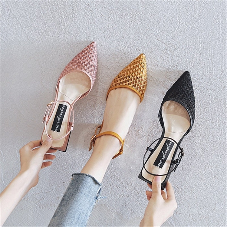 Fashion Thick Low Heel Woven Mesh Pointed Head Breathable Sandals for Women