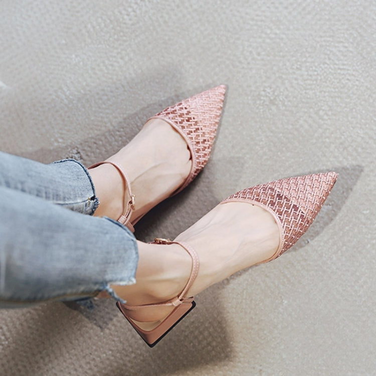 Fashion Thick Low Heel Woven Mesh Pointed Head Breathable Sandals for Women