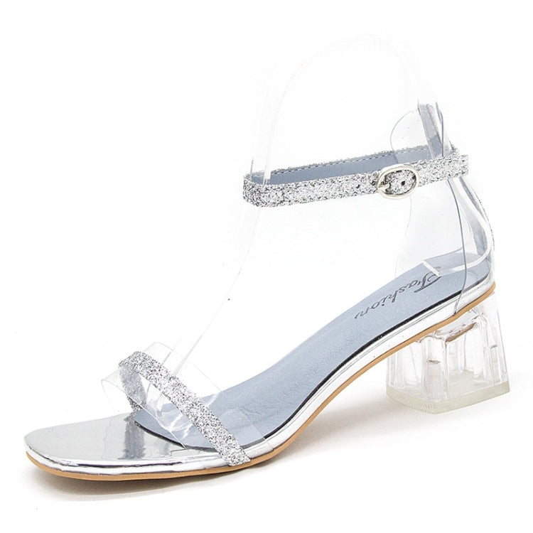 Transparent Thick Heel High Heel Rhinestone Sequin Sandals for Women