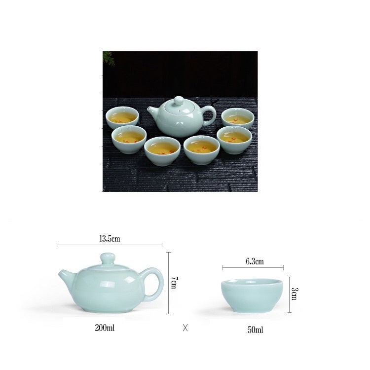 7 in 1 Longquan Celadon Tea Set Embossed Color Squid Cup Kung Fu Teacup Ceramic Set High-end Tea Set with 6 Tea Cups