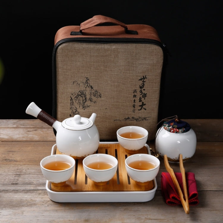 6 in 1 Japanese-style Ceramics Set Kung Fu Travel Tea Set Tea Tray Stoneware Tea Gift Set 4 Tea Cups (White)