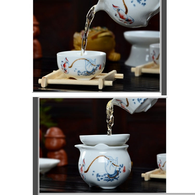 4 in 1 Kung Fu Tea Set High White Porcelain Tea Table with Tea Tray & 6 Tea Cups