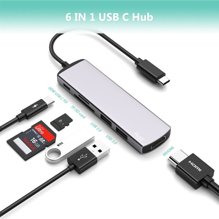 Flujo UC54 6 in 1 USB-C / Type-C PD Port + TF / SD Card + USB 3.0 x 2 + HDMI to USB-C / Type-C HUB Adapter