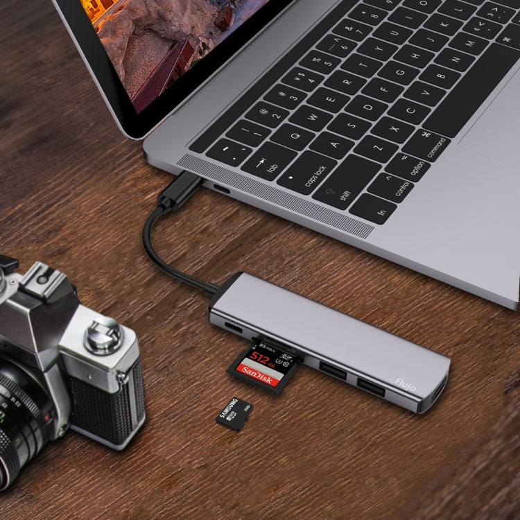 Flujo UC54 6 in 1 USB-C / Type-C PD Port + TF / SD Card + USB 3.0 x 2 + HDMI to USB-C / Type-C HUB Adapter