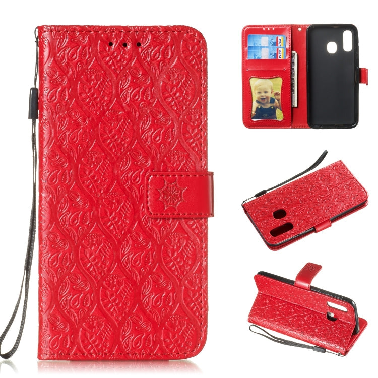Pressed Printing Rattan Flower Pattern Horizontal Flip PU Leather Case for Galaxy A40, with Holder & Card Slots & Wallet & Photo Frame