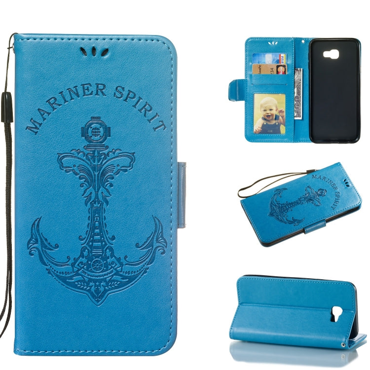 Pressed Printing Mermaid Anchor Pattern Horizontal Flip PU Leather Case for Galaxy J4+, with Holder & Card Slots & Wallet & Photo Frame