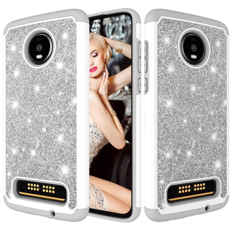 Glitter Powder Contrast Skin Shockproof Silicone + PC Protective Case for Motorola Moto Z4 Play