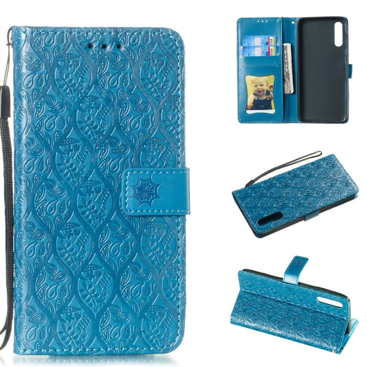 Pressed Printing Rattan Flower Pattern Horizontal Flip PU Leather Case for Galaxy A70, with Holder & Card Slots & Wallet & Photo Frame