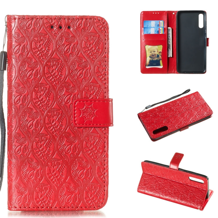 Pressed Printing Rattan Flower Pattern Horizontal Flip PU Leather Case for Galaxy A70, with Holder & Card Slots & Wallet & Photo Frame